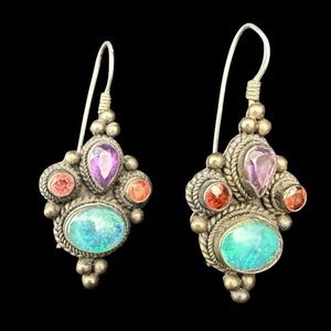 Vintage Sterling Silver Earrings Turquoise Opal Amethyst Coral toned Accents